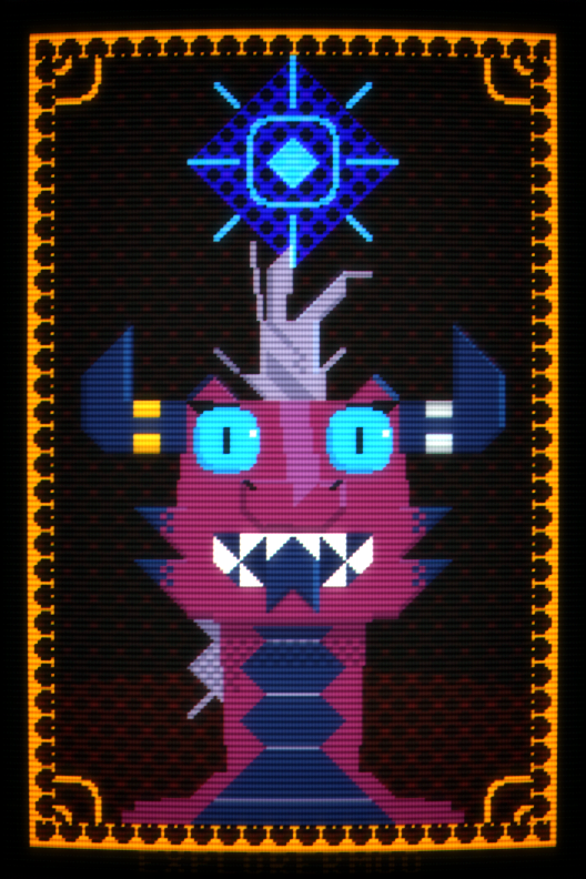A petscii drawing of a kobold with a light above her head under a crt filter